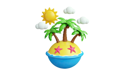 3D Cartoon Tropical Island with Palm Trees, Sun, and Starfish