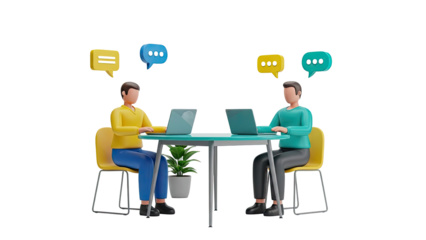 3D People Collaborating with Laptops and Chat Bubbles