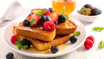Slices of golden-brown, fried bread, stacked and topped with fresh berries, powdered sugar, and mint. Honey is drizzled on top