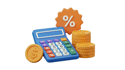 Calculator, Coins, and Percentage Sign