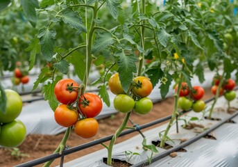 Elegant focus on heavy tomato clusters ripening on the vine. The soft natural lighting highlights the dewy texture and healthy growth of premium greenhouse produce.