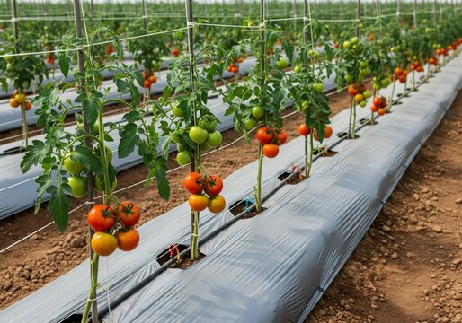 Wide view of an organized tomato plantation with trellis support, emphasizing large-scale precision farming and the beauty of industrial organic growth.