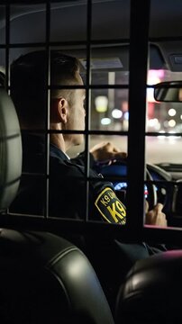 K9 Officer in Police Vehicle at Night with Dog Companion and Patrol Equipment
