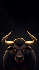 Fierce Bull Illustration with Menacing Expression, Glowing Eyes and Curved Horns on Dark Background. Copy Space, Vertical 9:16