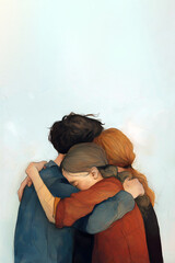 Three People Hugging in Minimal Illustration Symbolizing Unity, Support, and Emotional Connection, isolated on a neutral background with soft colours. Copy Space, Vertical 2:3