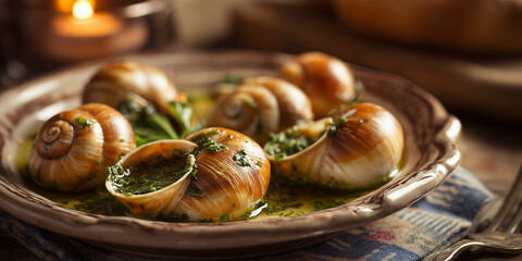 Escargot served with garlic butter on a rustic plate  