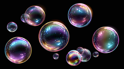 A captivating composition of glistening bubbles floating gracefully against a dark backdrop. The bubbles display an array of iridescent colors
