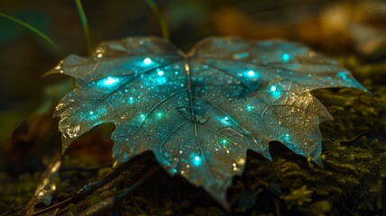 Fantasy Autumn Leaf on the Forest Floor with Glowing Cyan Magical Light Points and Soft Bokeh