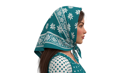 Woman wearing a teal floral headscarf and polka dot dress