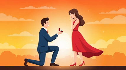 Fototapeta premium Man proposes to woman with engagement ring romantic proposal scene with sunset sky and clouds vector illustration for love and relationship concepts
