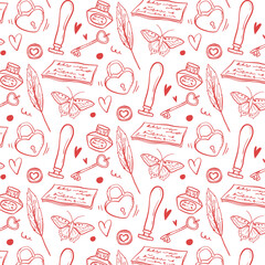 Valentine Love Symbols Seamless Vector Pattern, Hand Drawn Illustrations. Valentines Background