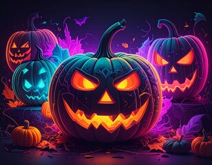 Spooky glowing jack-o'-lanterns with neon-lit leaves, bats, dark