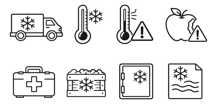 Line art icons set featuring refrigeration, food spoilage, and temperature warning symbols for food preservation and safety management