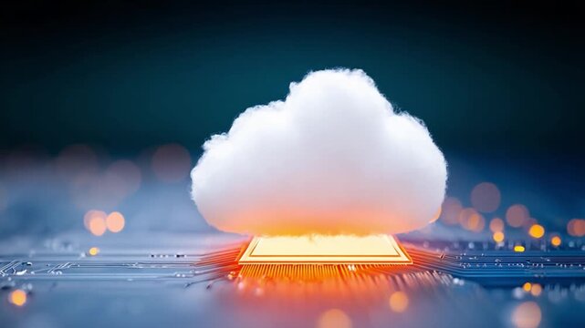 Digital Cloud Transformation: Conceptual image showing a cloud emerging from a circuit board. Representing innovation and data storage.