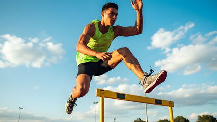 Dynamic male athlete in green sportswear jumping over hurdle during outdoor track and field competition on sunny day with blue sky and clouds