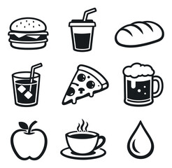 Simple line art food and beverage icon set featuring burgers, pizza, bread, apples, and various drinks for restaurant menus and dining design