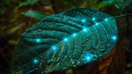 Dark Green Tropical Leaf with Glowing Blue Points of Light and Water Droplets at Night