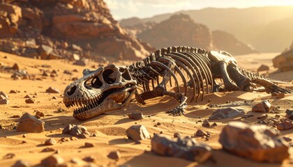 Naklejka premium A white T-rex dinosaur fossil skeleton lies as a dead wild animal bone in the black desert nature wildlife safari