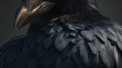 A close-up view of a raven's dark feathers, beak, and eye, presenting a mysterious creature