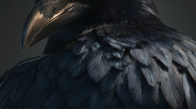 A close-up view of a raven's dark feathers, beak, and eye, presenting a mysterious creature