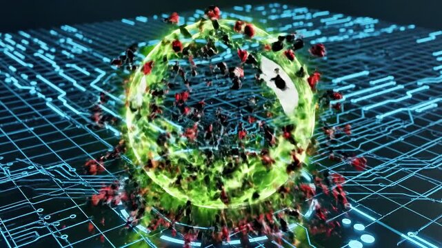 A 3D illustration of a virus surrounded by a green glow and circuit-like patterns