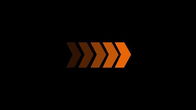 Direction concept arrow icon on black background.Abstract arrows indicates the direction of the overlay video layer and looped animation. Orange right direction arrow.