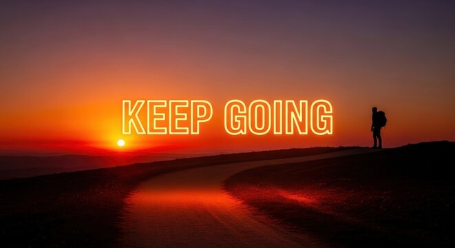 Hiker with backpack on road at sunset, motivational text Keep Going - Powered by Adobe