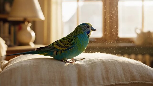 A vibrant parrot perches on a plush cushion in a serene room with soft natural light pouring through the window.