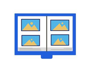 Open photo album book with blank pages. Memory and nostalgia concept. Simple presentation design.