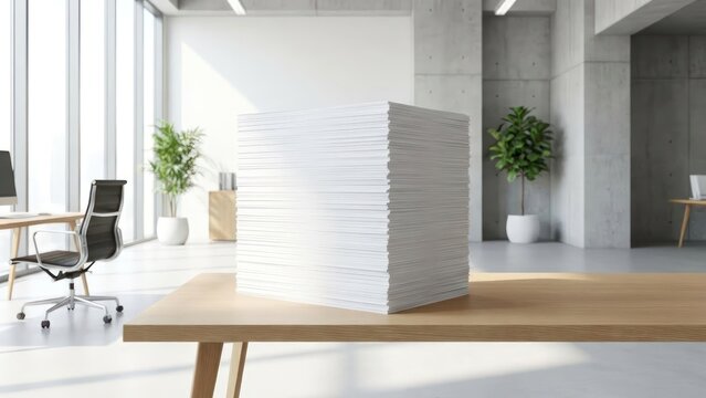 Bright white paper sheets stacked neatly in a modern and clean office