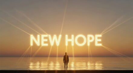 Person facing New Hope message with sunrise over ocean
