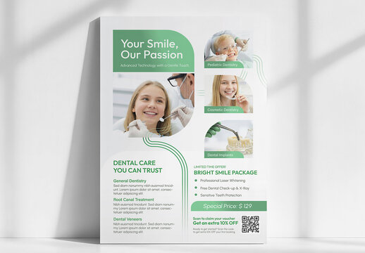 Dental clinic branding and marketing design concept : Professional dentist brochure flyer mockup with clean green