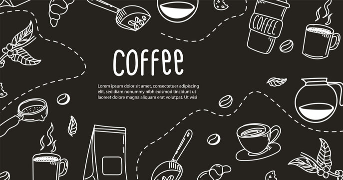 Doodle hand drawn coffee composition, coffee black background