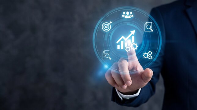 Professional person touches a bright glowing blue digital interface with busines - Powered by Adobe