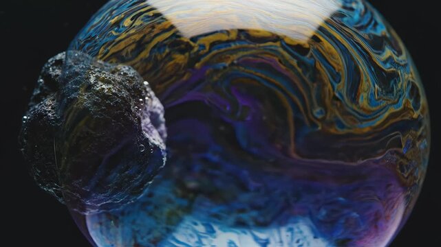 Spherical bubble with colorful patterns and rocky texture