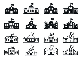 Fototapeta premium Stylized institutional buildings set featuring school, university, and government house icons in outline and solid styles for education and governance