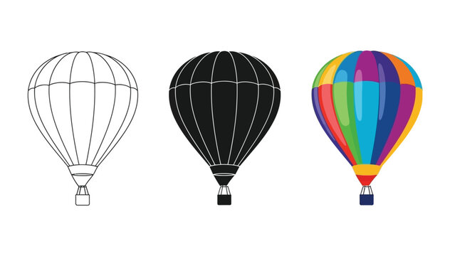 Set of three hot air balloons icons outline, silhouette, and colorful vector illustration