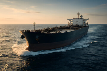 A massive oil tanker ship sailing steadily across the open ocean, conveying global trade, energy transportation, industrial logistics