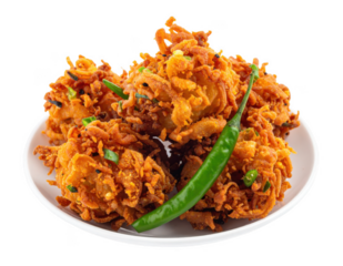A plate of crunchy onion pakoras (piyaju) with green chili, isolated on white background.