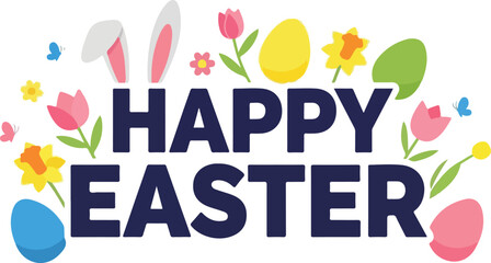 Happy Easter Greeting with Cute Bunny Ears, Colorful Eggs, Flowers, and Butterflies