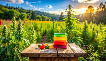 Stacked, colorful gelatin candies atop a wooden table, in a green field