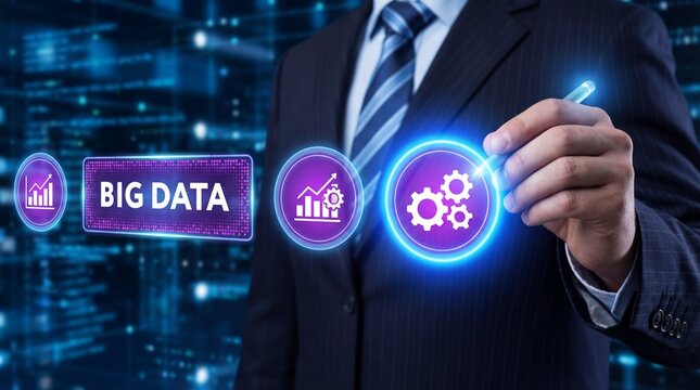 Professional businessman working with glowing big data analytics interface at ni - Powered by Adobe