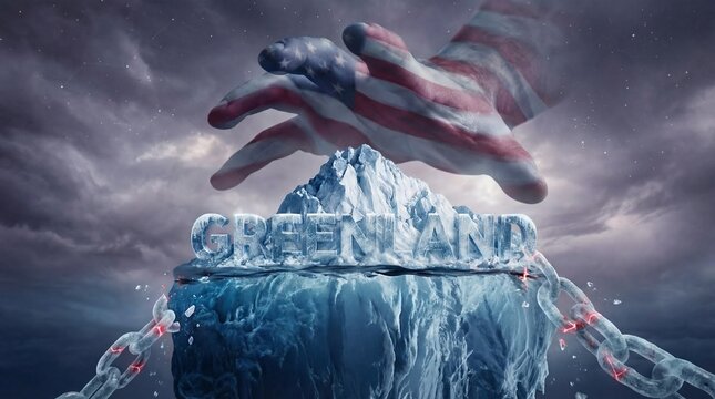 American flag hand reaching over icy Greenland with breaking chains