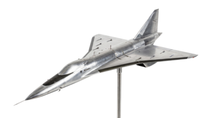 Silver delta-wing jet fighter model on transparent background