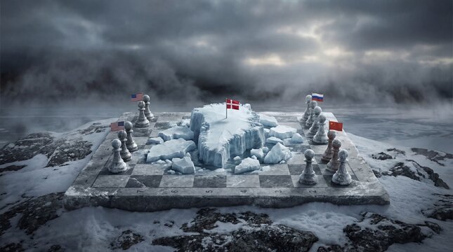 Arctic chessboard with nations playing for Greenland under icy skies