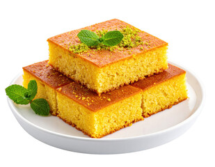 A plate of sweet semolina cake (Basbousa), isolated on white background