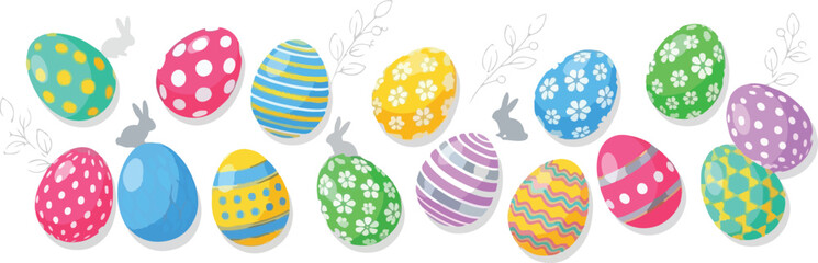 A festive and colorful collection of Easter eggs, decorated with charming patterns and adorable bunny silhouettes, perfect for spring celebrations and holiday themes