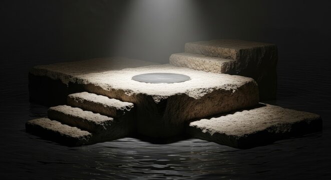 Dramatic stone steps leading to illuminated platform in dark water