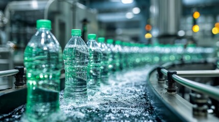 Plastic water bottles moving on bottling factory conveyor belt