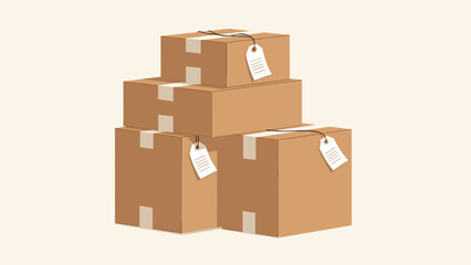 Fototapeta premium A stack of four plain brown cardboard boxes of various sizes, sealed with tape and featuring blank white tags tied to them with string.